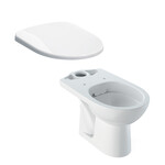 Stojąca miska WC Selnova do spłuczki nasadzanej, lejowa, B35.6 cm, H39 cm, T66.5 cm, odpływ poziomy, Rimfree Deska sedesowa WC Selnova mocowanie od dołu, zawiasy metalowe, zachodząca pokrywa biała